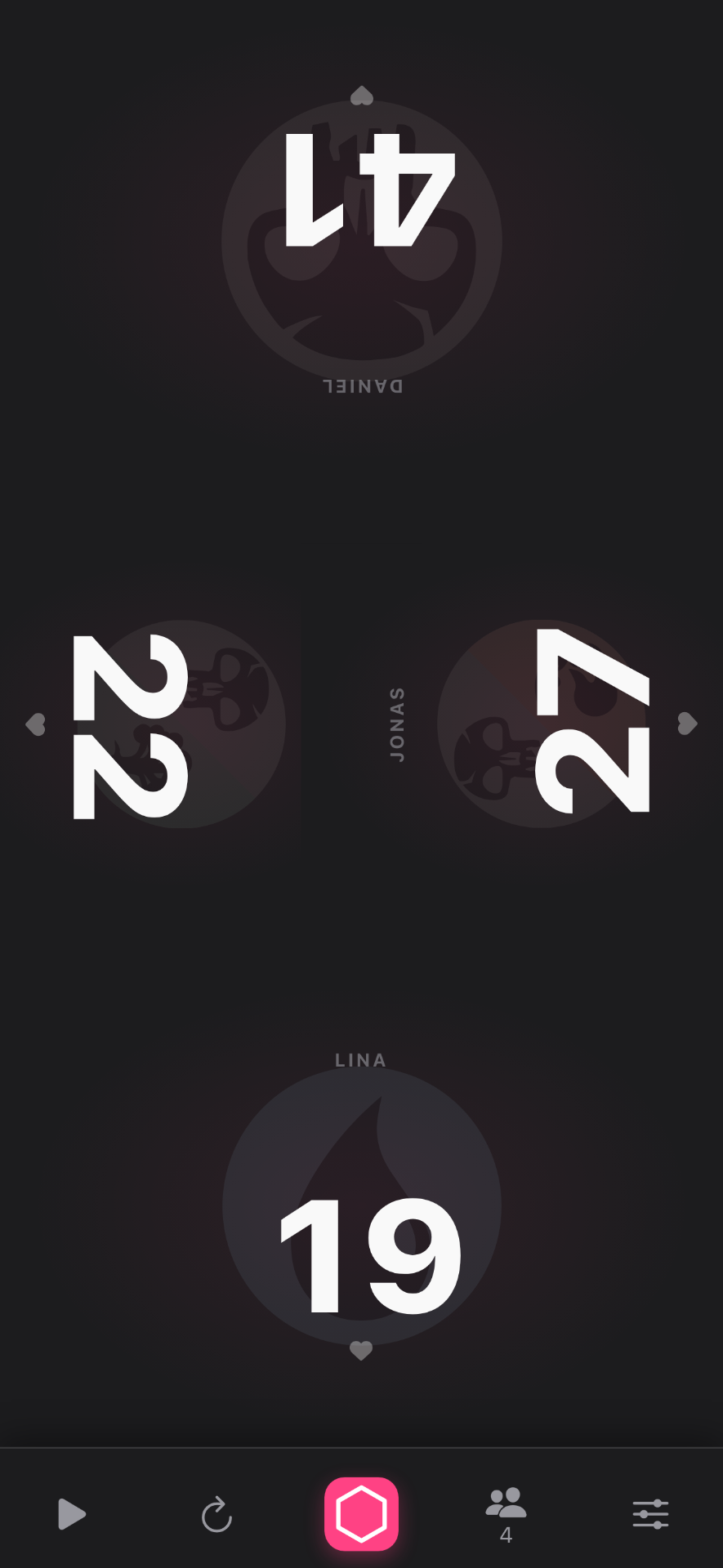 Tap, hold and swipe gesture hints for switching counters without menus.