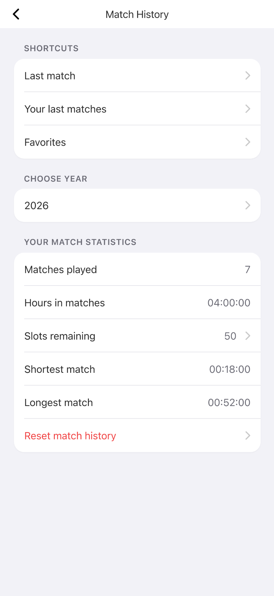 Synced match history in English with date, duration, deck colours and winner.